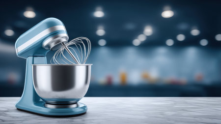 Blue stand mixer with whisk and stainless bowl on kitchen counter food techの素材
