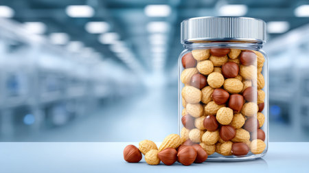 Glass jar of mixed nut snack with food tech vibe inviting healthy choiceの素材