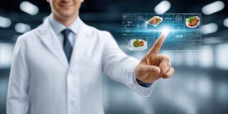 Food tech scientist in lab selecting healthy meal on holographic menu with smileの素材