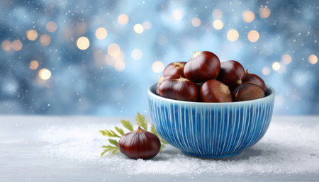 Winter chestnut in blue bowl on snowy table with soft bokeh lights and cozy moodの素材