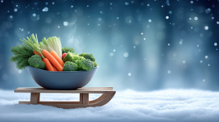 Winter bowl of fresh vegetables on wooden sled in snowy scene evokes cozy healthの素材