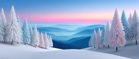 Snowy winter pine forest on pastel sunrise hills conveying calm and wonderの素材