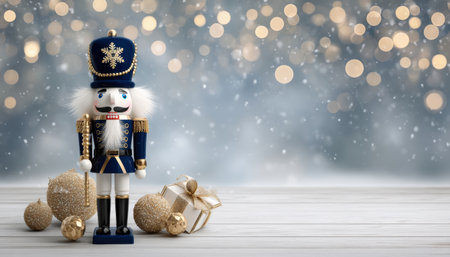 Blue nutcracker soldier stands with gold ornaments and wrapped gift snowy wooden floorの素材