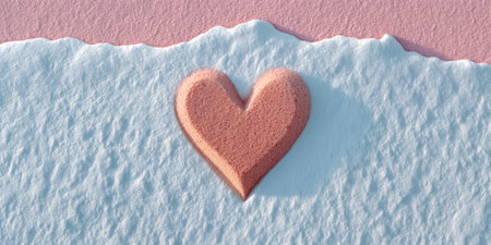 Pink heart sand sculpture on snowy textured surface creating soft romantic winter sceneの素材