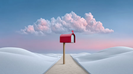 Red mailbox on snowy path under pastel cloud at sunrise evoking quiet wonderの素材