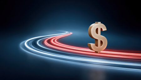 Gold dollar symbol on curved red and blue light trail representing online shopping and digital payment innovation with motion glow effectの素材