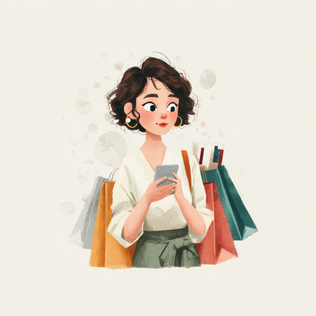 Young woman online shopping with phone holding colorful shopping bag and smiling in casual outfitの素材