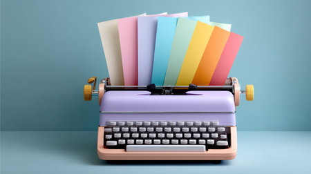 Retro pastel typewriter with colorful paper fan and creative moodの素材