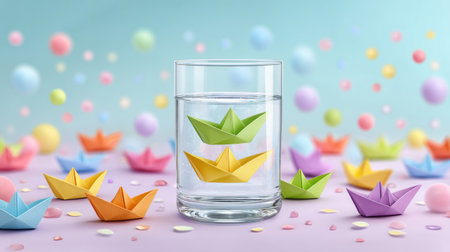 Colorful paper boat scene with floating origami boats and glass of water, playful moodの素材