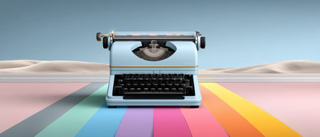 Retro blue typewriter on rainbow stripe floor evokes nostalgic creativity and calmの素材