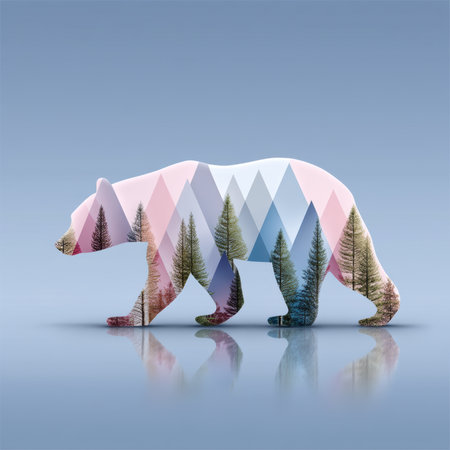 Playful illustration polar bear silhouette with geometric mountain pattern and evergreen tree reflection in tranquil blue sceneの素材