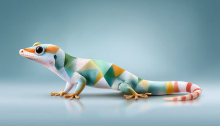 Playful illustration colorful geometric patterned gecko on blue background with soft reflection and studio lightingの素材