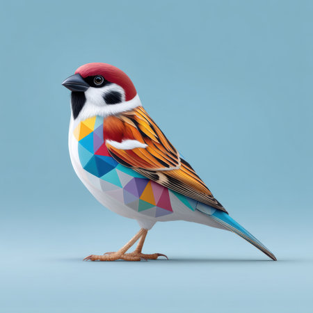 Playful illustration colorful bird with geometric pattern standing on pastel background conveying joyful modern designの素材