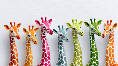 Playful illustration colorful giraffe figurine lineup bright orange pink teal lime and green arranged white textured background evoking cheerfulの素材