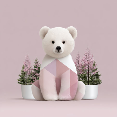 Playful illustration white bear sitting with geometric pink pattern and potted pink evergreen behind minimalist pastel scene full of gentle charmの素材
