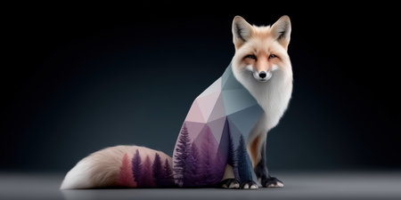 Playful illustration of red fox with geometric forest overlay creating dreamy contrast and soft lighting evoking wonder and calmの素材