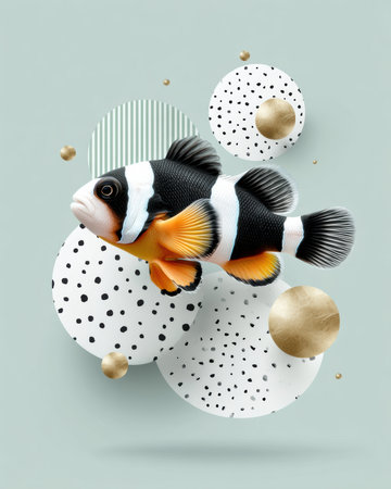 Playful illustration clownfish swimming among abstract patterned circles and gold spheres in pastel compositionの素材
