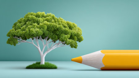 Playful illustration miniature tree beside giant yellow pencil teal background evoking creativity and environmental concept with soft lightの素材