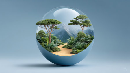 Playful illustration miniature landscape forest mountain path in glass sphere with lush trees and ferns inviting serene sceneの素材