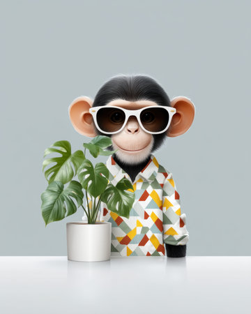 Playful illustration monkey wearing sunglasses and patterned shirt beside potted monstera plant creating cheerful modern vibeの素材