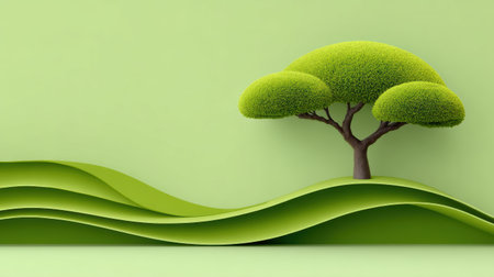 Playful illustration green tree on layered hills with soft shadows creates calm eco landscape scene full of harmony and serene moodの素材