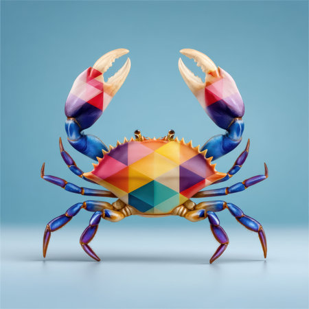 Playful illustration colorful geometric crab on blue background with raised claws joyful coastal creature vibrant patternの素材