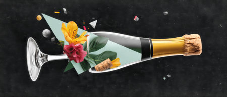 Sparkling bottle with glass and floral arrangement and cork celebrating christmas new year with festive mood and elegant compositionの素材