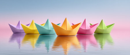 Colorful paper boat business idea scene with pastel reflection and calm waterの素材
