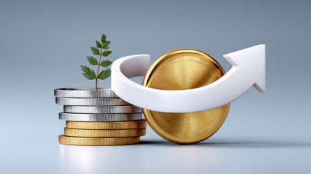 Gold coin growth business idea with upward arrow and plant symbolizing profit and investmentの素材
