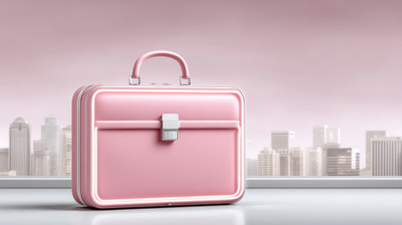 Pink briefcase business idea elegant travel accessory with city skyline and soft moodの素材
