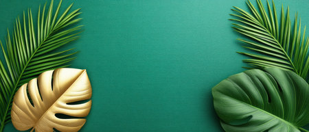 Festive tropical leaves with gold accent and green background christmas cheerの素材