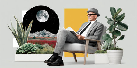 Elderly businessman idea reading magazine in modern lounge with plants and surreal landscape moonの素材