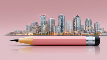 Pink pencil on reflective surface with city skyline at dusk evokes business idea and creativityの素材