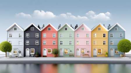Colorful row house street by water with business idea and cozy atmosphere, modern town designの素材