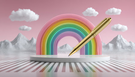 Playful rainbow arch business idea with gold pen on pedestal in pastel landscape smiling moodの素材