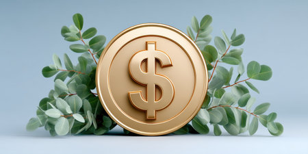 Gold coin with dollar symbol near eucalyptus leaves conveys business idea of sustainable financeの素材