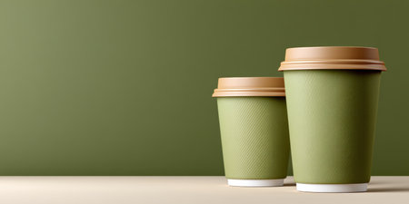 Reusable cup and sustainable packaging concept showing two green takeaway cups with lids conveying eco friendly design and calm moodの素材