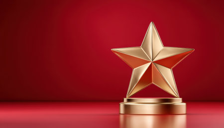 Gold star trophy on red background with festive christmas shine and elegant reflectionの素材