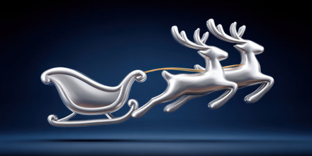 Silver sleigh and reindeer flying above night sky christmas scene joyful metallic holiday decorationの素材