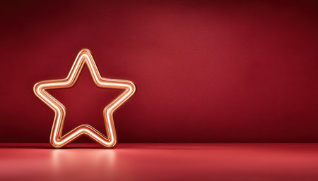 Christmas star neon light on red background glowing modern holiday decoration warm festive atmosphereの素材