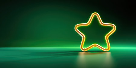 Christmas glowing star neon decoration on green reflective floor festive mood minimalist holiday sceneの素材