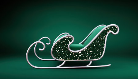 Green Christmas sleigh with sparkling texture and festive cushion evokes cozy holiday wonder and elegant seasonal celebrationの素材