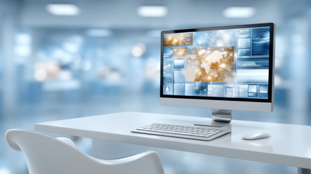 Modern workstation with sleek desktop monitor and keyboard white desk bright office showcasing global data visuals and calm professional atmosphereの素材