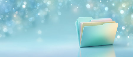 Modern workstation with pastel file folder on glossy surface glowing bokeh background conveying calm productivity and organized digital workflowの素材