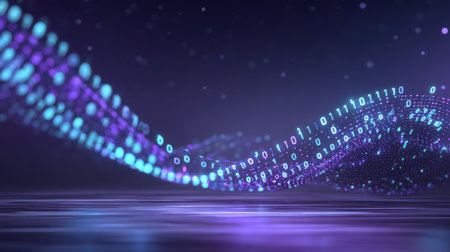 Modern workstation glowing data wave visualization in purple blue with binary stream and digital particles conveying futuristic computing energyの素材