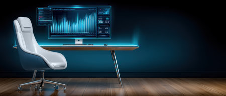 Modern workstation with sleek ergonomic chair and glowing monitor displaying data visualization minimal dark room creating focused productiveの素材