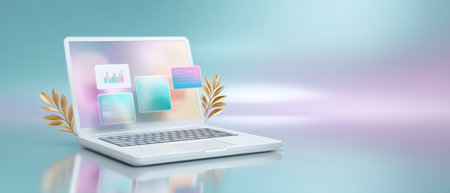 Modern workstation laptop with translucent interface panels floating above keyboard in serene pastel office scene expressing calm productivityの素材