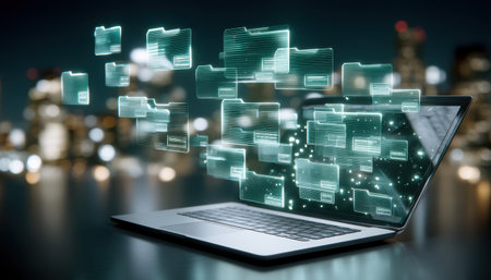 Modern workstation laptop projecting floating digital folder icons over city night skyline suggesting secure file management and efficient cloudの素材
