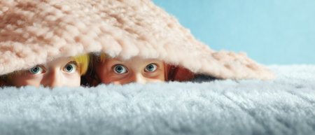 Curious child eyes peek from under blanket, cozy playful moment with soft textures and bright blue backgroundの素材