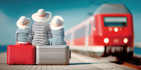 Family travelers wearing striped tops and sun hats sit on suitcases at seaside train station, excited and ready for summer journeyの素材